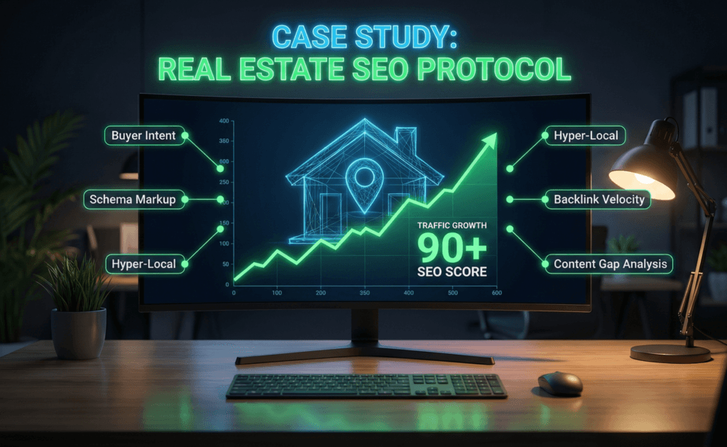 Photorealistic data dashboard showing high-ranking real estate SEO case study results by ImpaktFlo