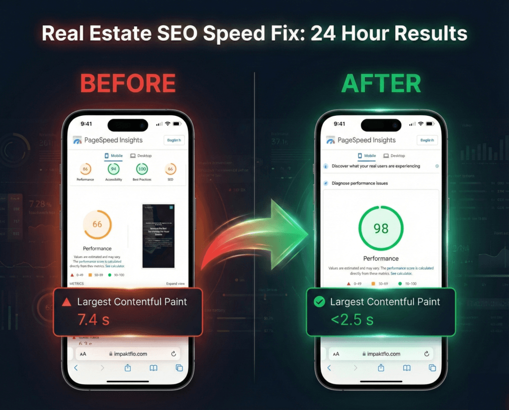 Before and after Google PageSpeed Insights results showing mobile score increase from 66 to 98 for a real estate technical SEO case study.