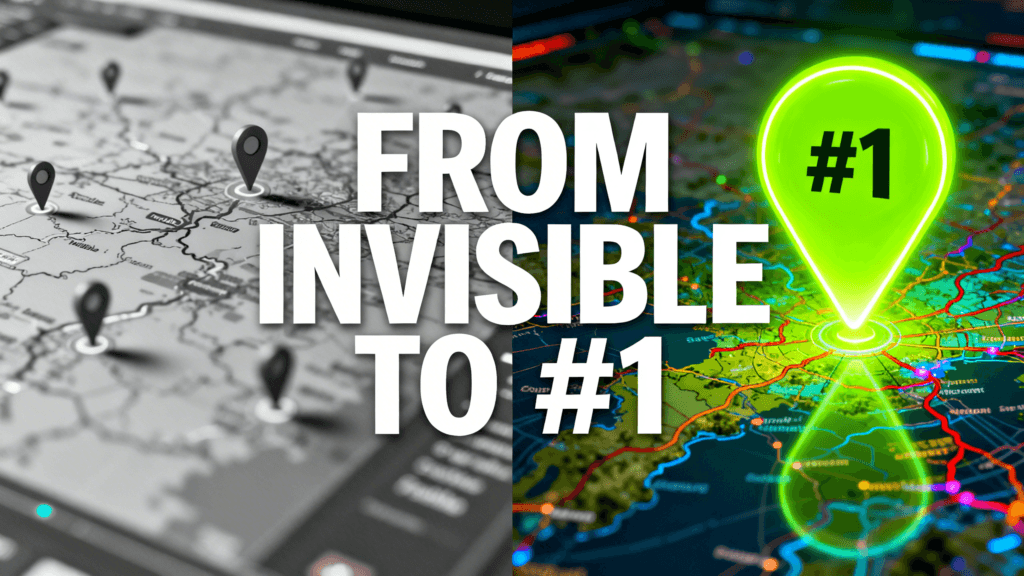 A split-screen comparison showing a Google Business Profile for real estate agents moving from invisible on Google Maps to the #1 ranking position