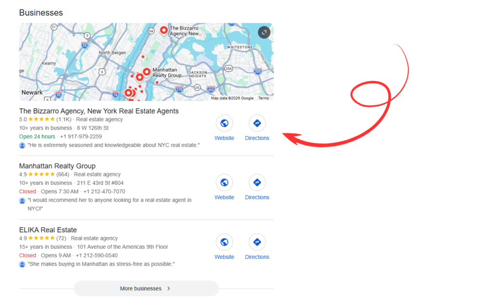 Google Local 3-Pack showing top-ranking real estate agents with optimized Google Business Profiles in New York.
