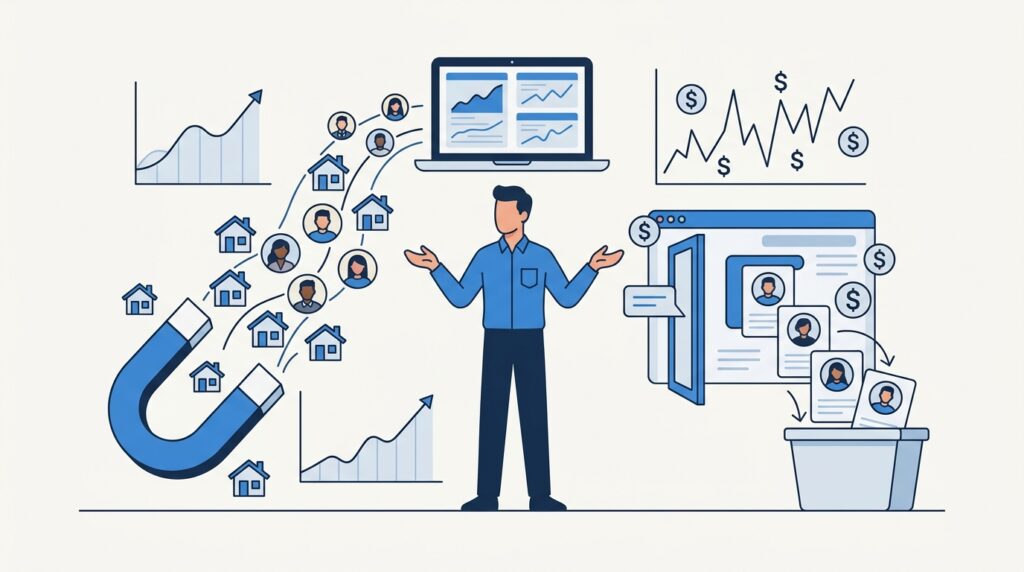 Illustration showing a real estate marketing funnel where an agent uses inbound SEO to attract and convert high-intent house buyer leads into closed deals